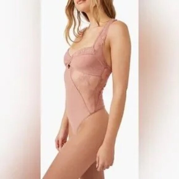 Free People Intimately Sheer Things Lace Trim Mesh Bodysuit Smoke Rose Size XL - Picture 5 of 15